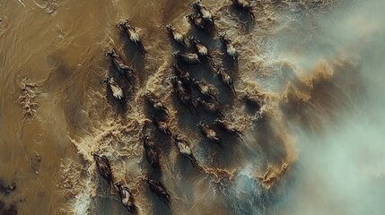Wildebeest migration crossing turbulent waters during the great migration in East Africa on top view from drone